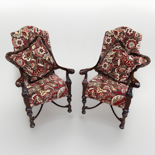 Pair French style  Armchairs  wood carved new upholstery w 2 pillows CL7