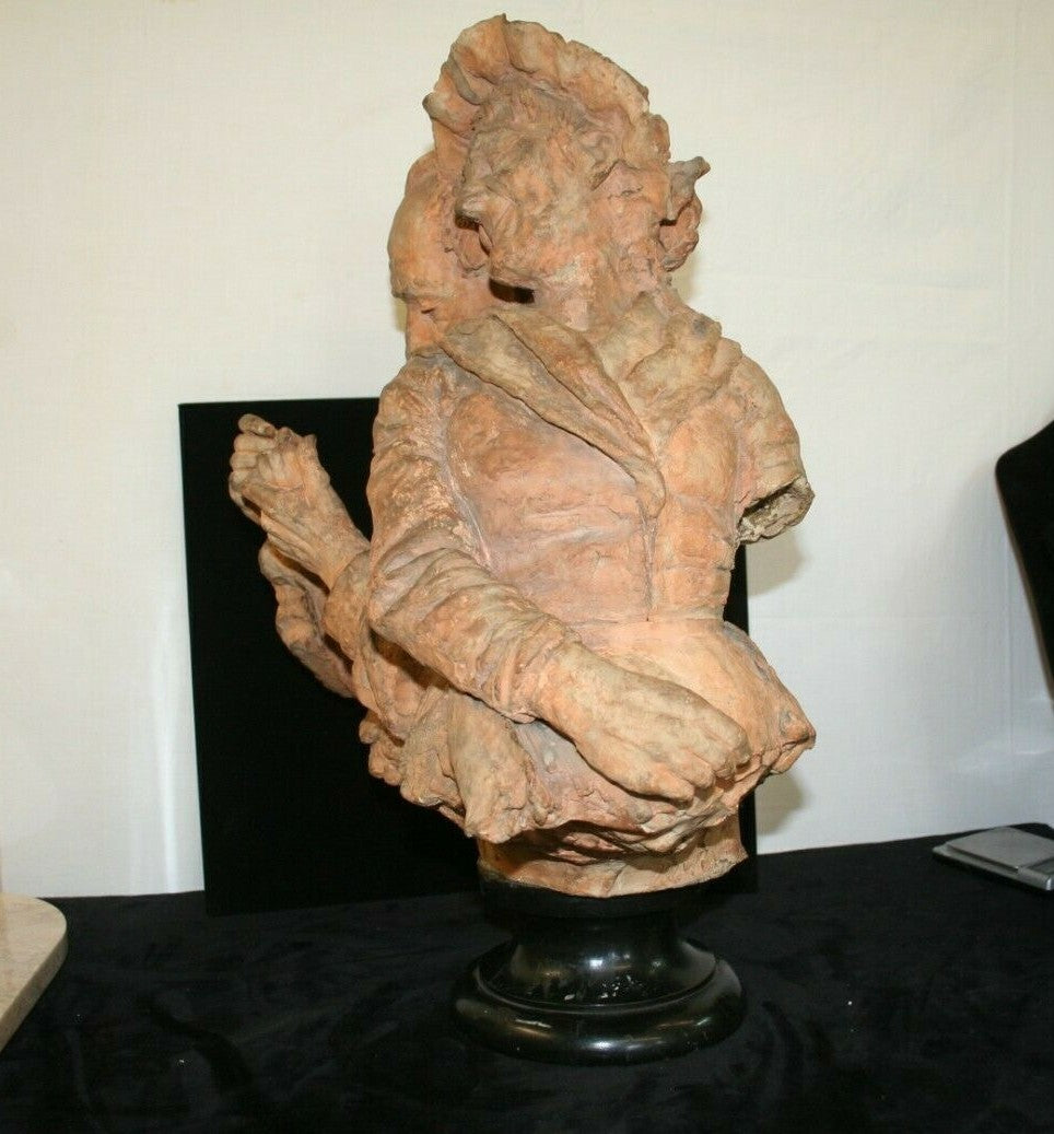 FRENCH TERRACOTTA SCULPTURE OLD HAPPY COUPLE W/ PIPE BUST FIGURES
