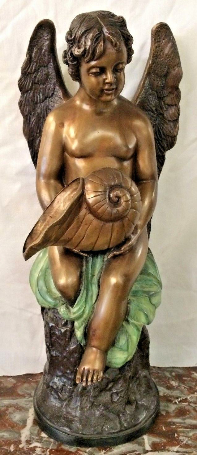 Bronze Cherub w Wings Angel Holding a Conch Shell Tabletop  Fountain H 27"