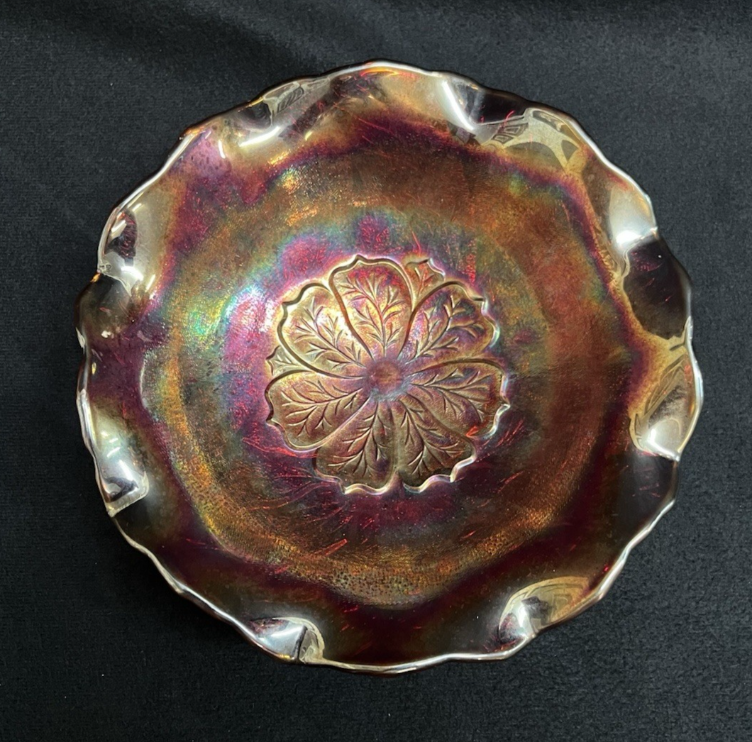 Vintage Imperial Glass OH Carnival Everglade Sunset Ruby 3-Toed Crimped Bowl 7"