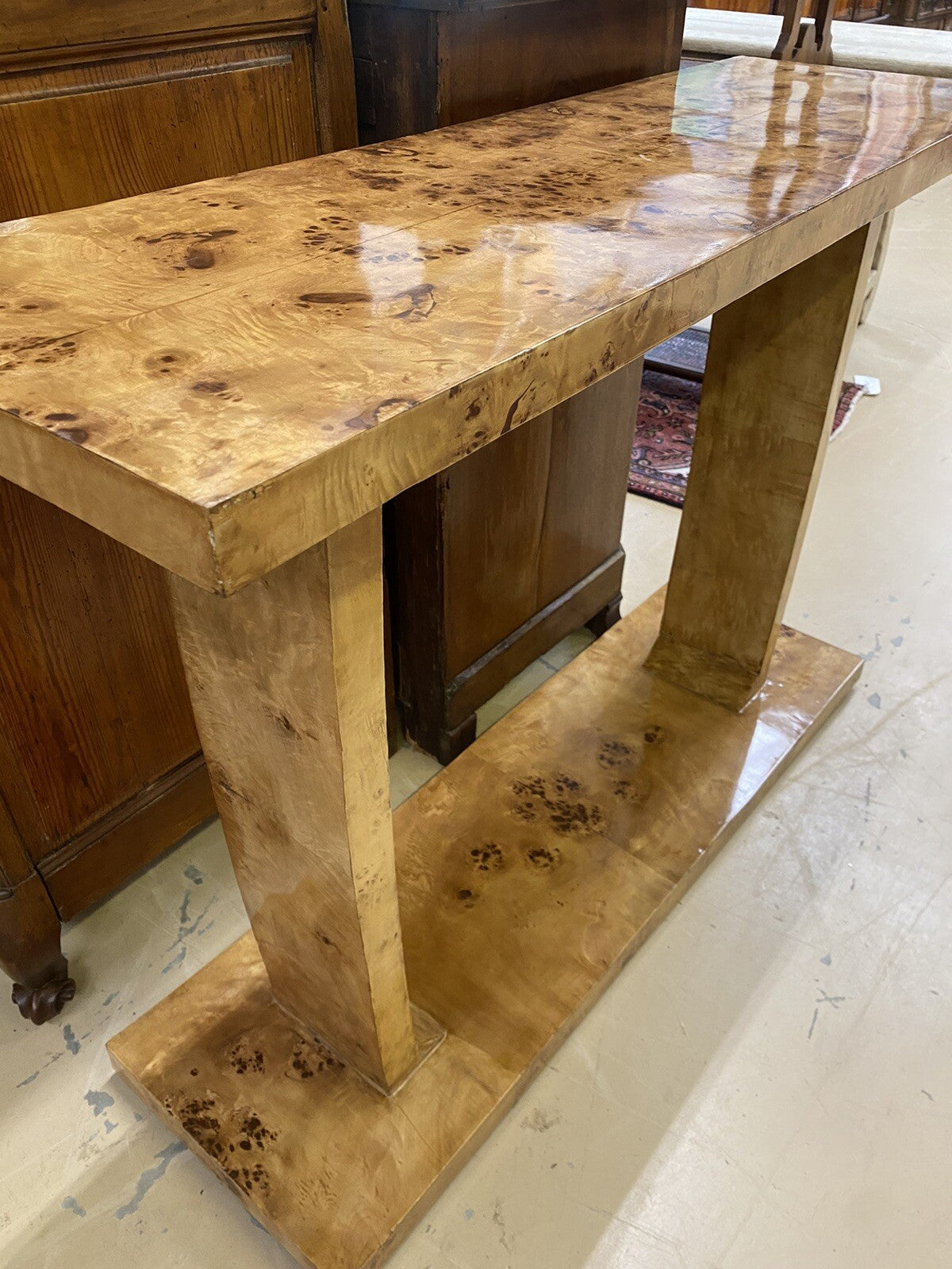 Art Deco Inspired Burled Birds Eye Maple Entryway Console 20th C. A5