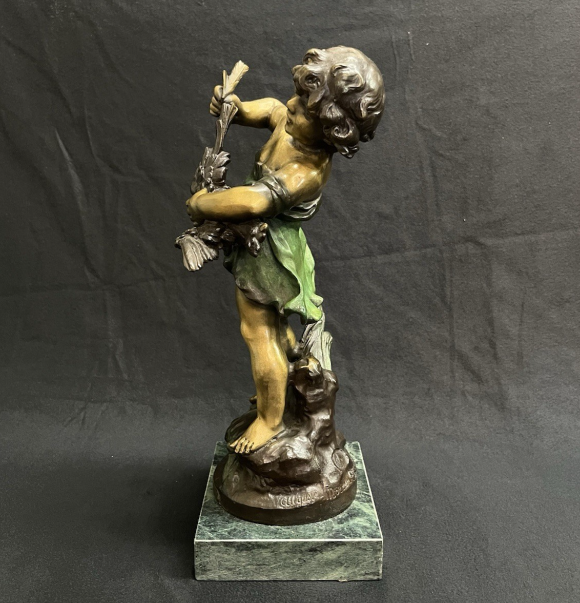 Vintage Auguste Moreau Bronze Sculpture on Marble Base Child w/ Goose Copr. 1906