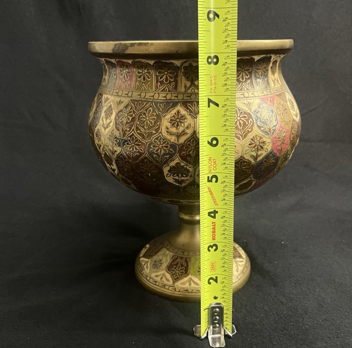 PB19 Pair of Indian Moorish Spun Brass Cloisonne Enamel Pedestal Planters 8.25"