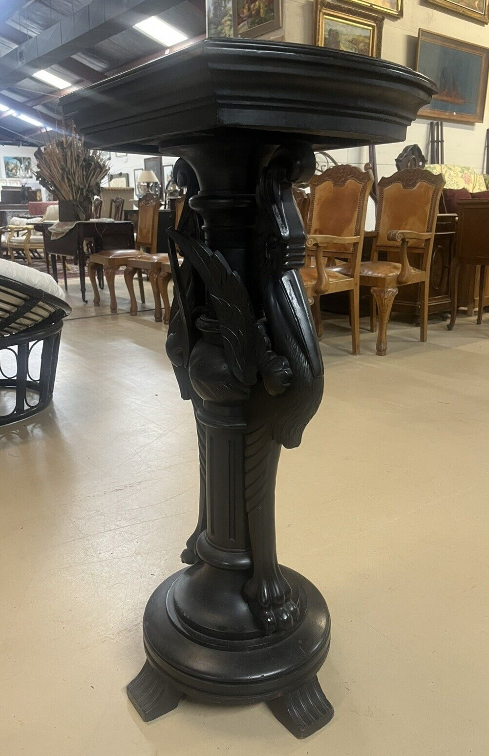 Antique Ebonized Black Wood Pedestal Plant Stand 2 Cranes FS16
