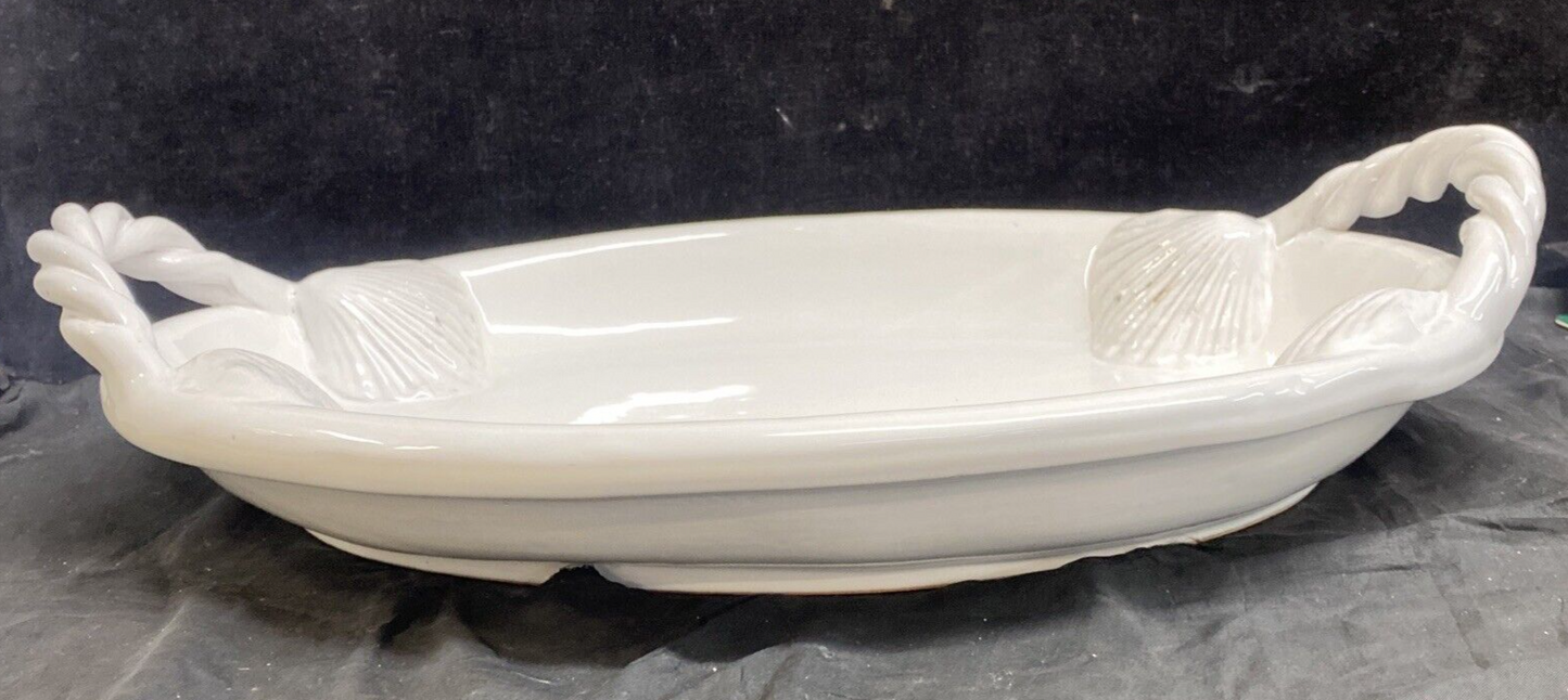 Large White Unmarked Seashell Rope Handle Serving Platter 57/60 Italy