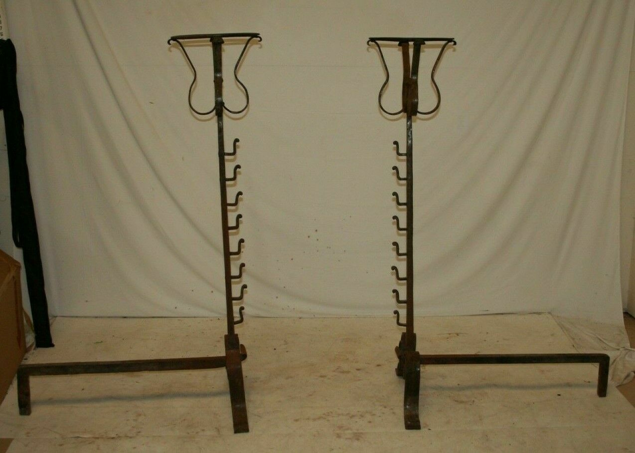 Pair Antique French Forged Iron Basket Top Cressset Andirons Fireplace Spit Dog