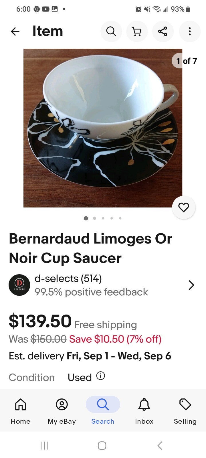 6pc Bernardaud “Or Noir” Place Setting Dinner, Salad, BB, C/S, gold bowl BH305