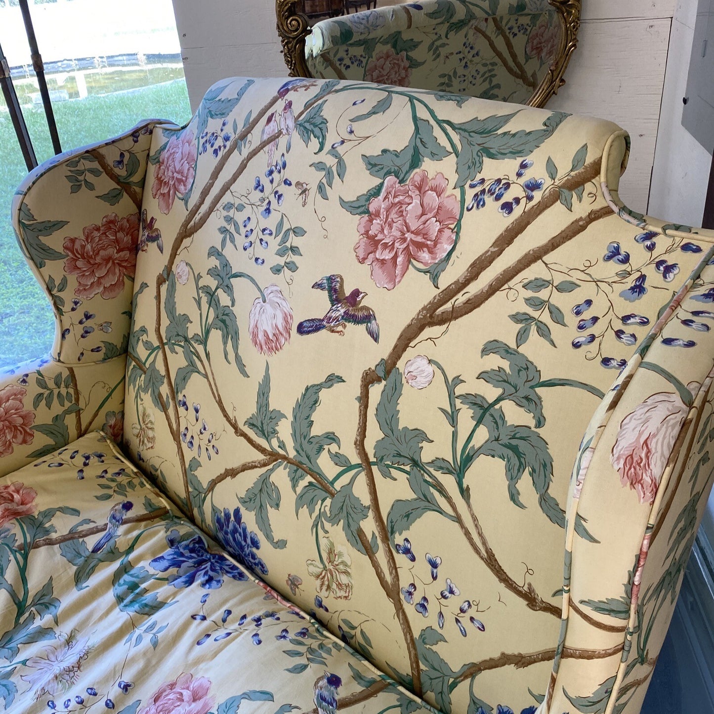 Antique Yellow Floral Queen Anne Mahogany Sofa Couch Settee Loveseat