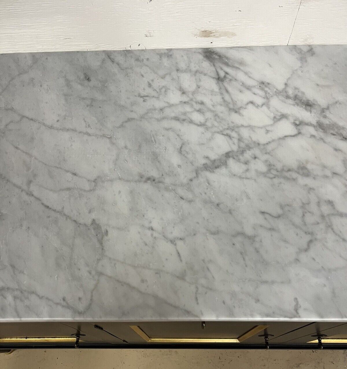 French Louis XVI Marble Top Black & Gold Cabinet Sideboard Cabinet Enfilade