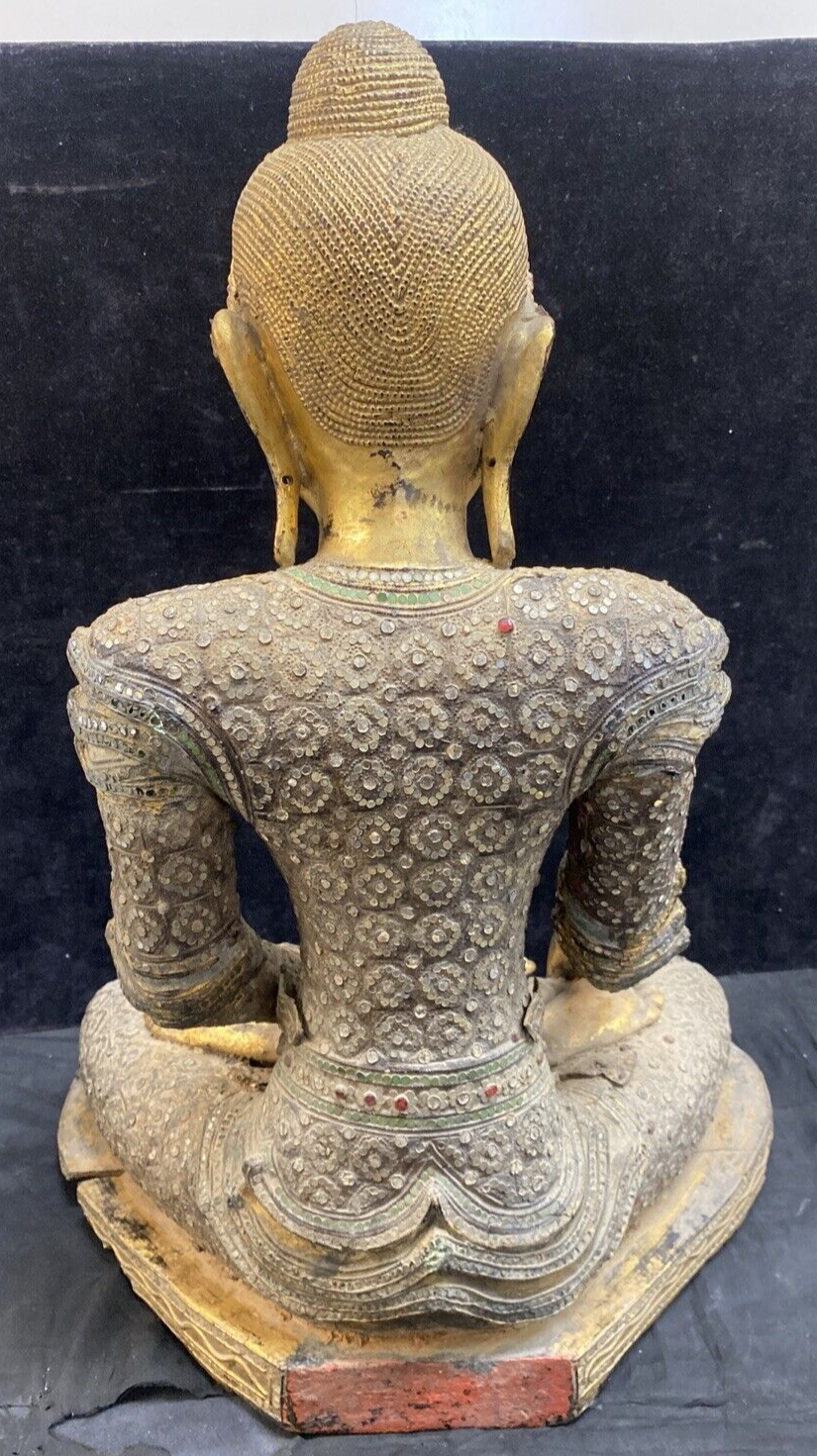 Thai Gilt Wood Seated Buddha Statue w/ Leather & Jewel Adornment