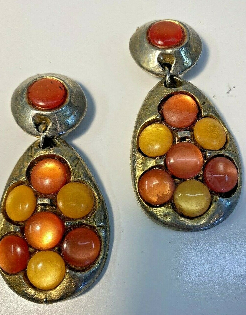 KALINGER PARIS Massive Vtg. French Clip Runway Earrings Gold w Rose & Peach Cabs