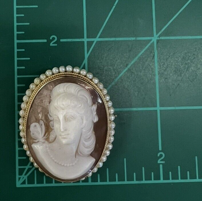 Victorian Shell Cameo Pendant Brooch 14K seed Pearls Full Face 1800's