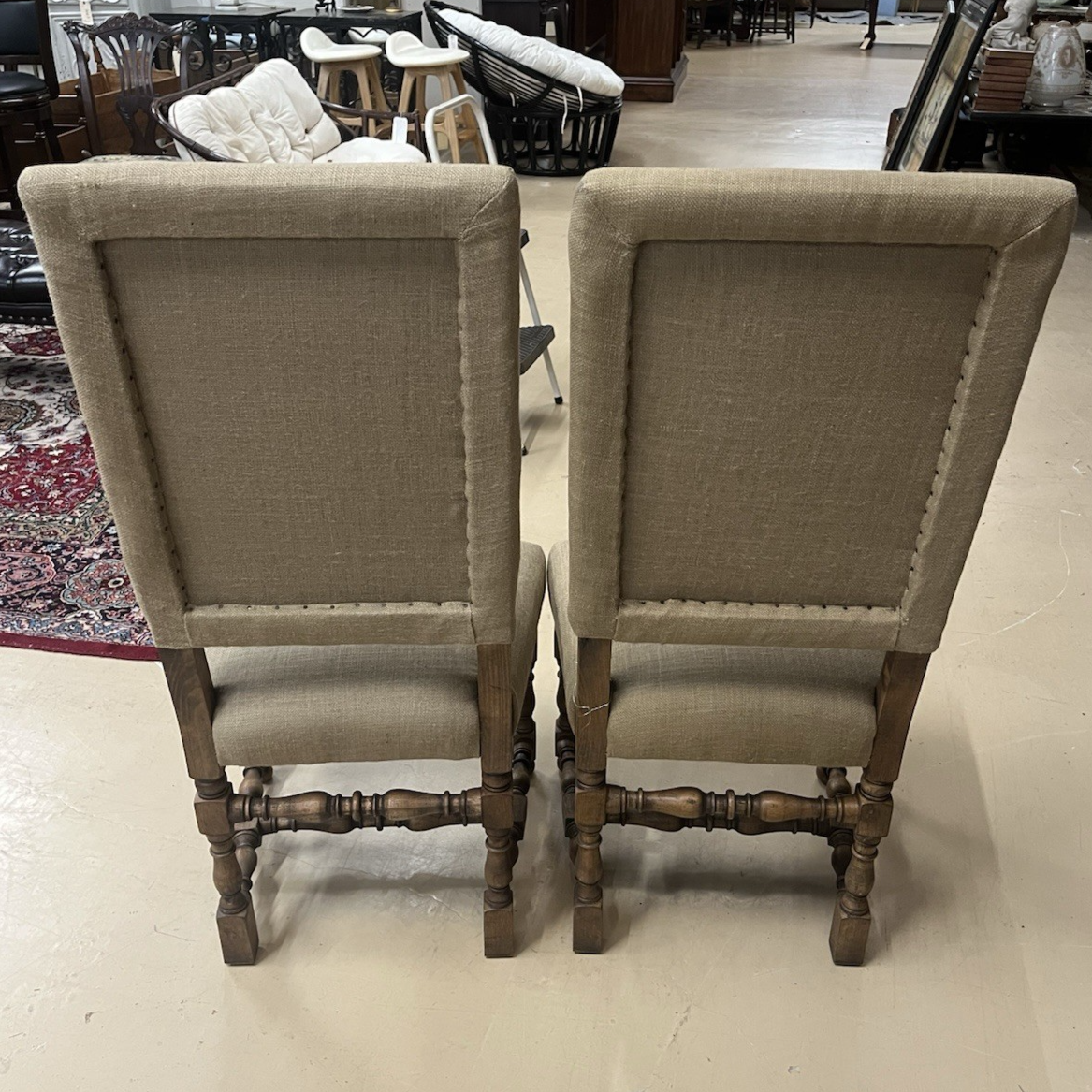 PAIR OF RESTORATION HARDWARE '1890 ENGLISH BAROQUE' BURLAP HIGHBACK CHAIRS