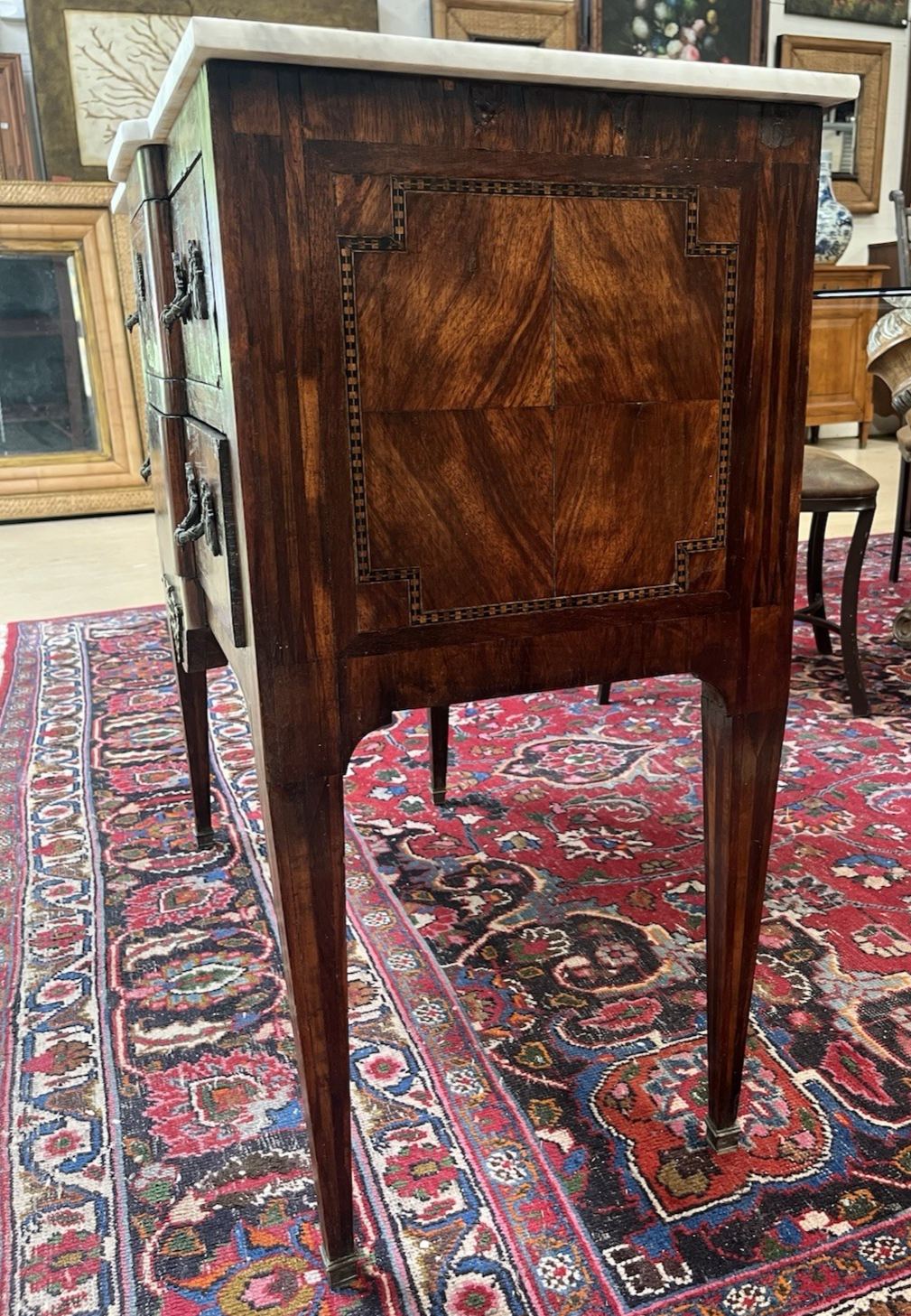 ANTIQUE FRENCH LOUIS XVI MARBLE-TOP INLAID BREAKFRONT COMMODE CHEST