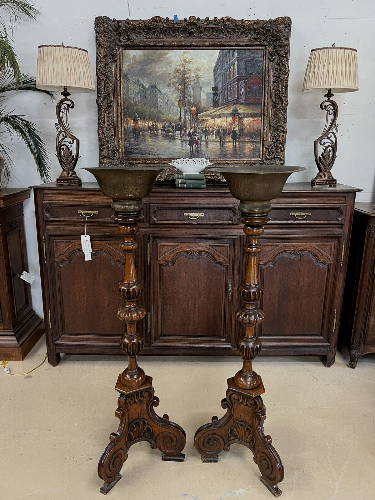 Pair of Antique French Oak Tall Pedestals brass planters jardinière entryway
