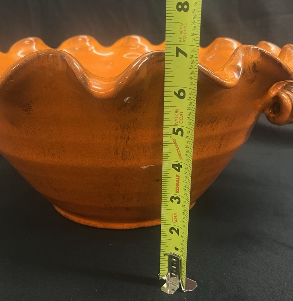 Large Stoneware Orange Glazed Ruffled Bowl w/ Handles 14.5"
