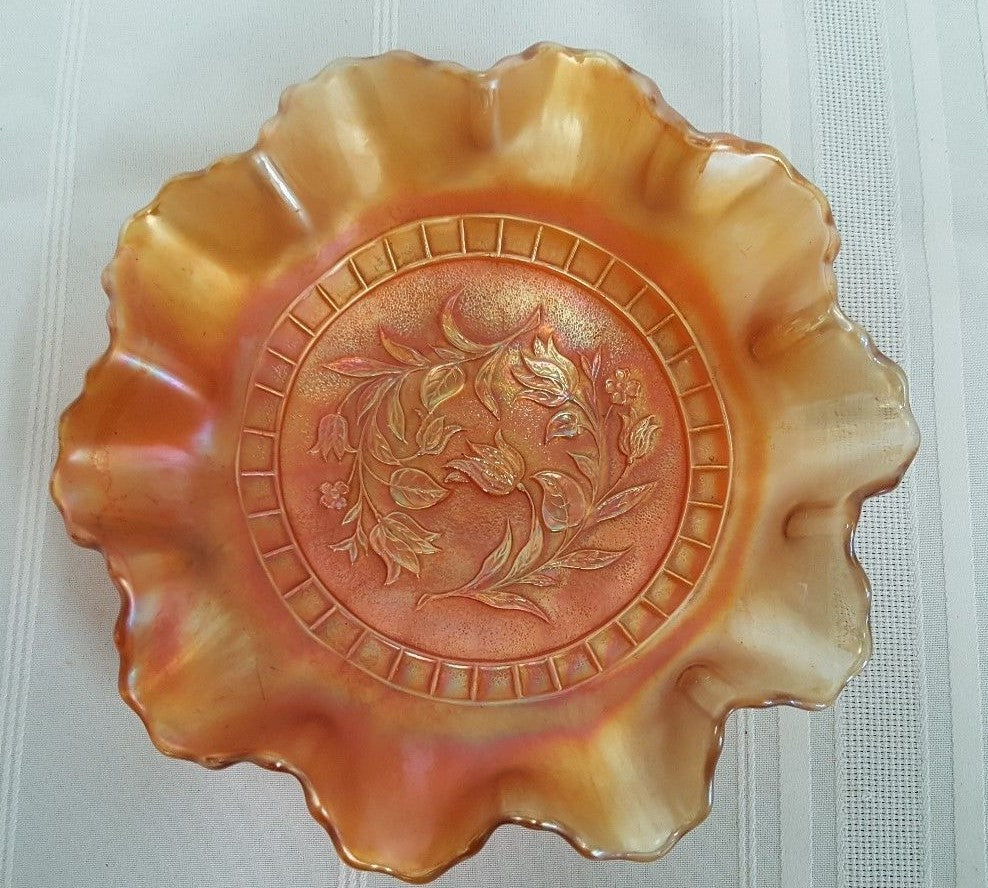 Vintage Dugan Marigold WINDFLOWER Carnival Glass 8 1/2" Ruffled Bowl