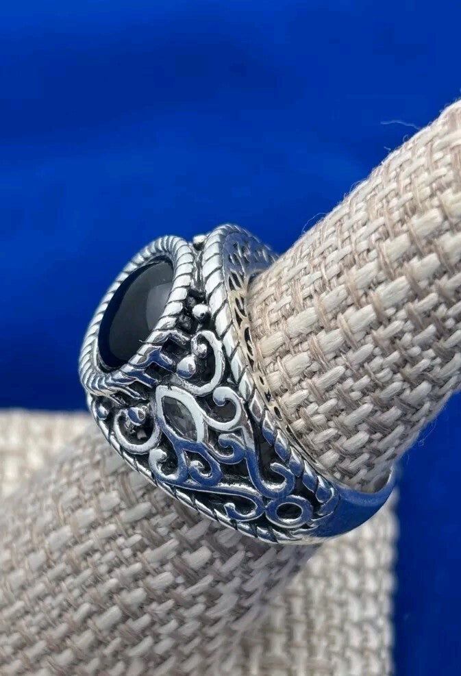 Sterling Silver 925 Black Onyx Geometric Pattern Ring Sz 8 8.2g     Thailand