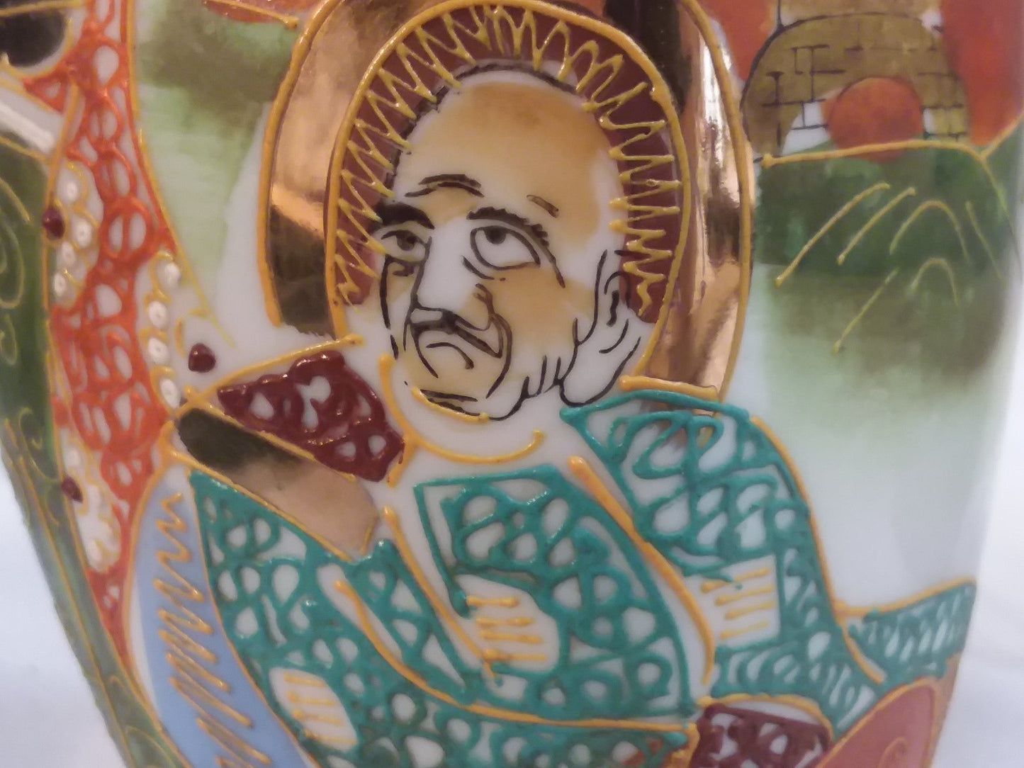 Pair Japanese Moriage Vases Man & Woman Colorful Dragonware  H6" Immortals