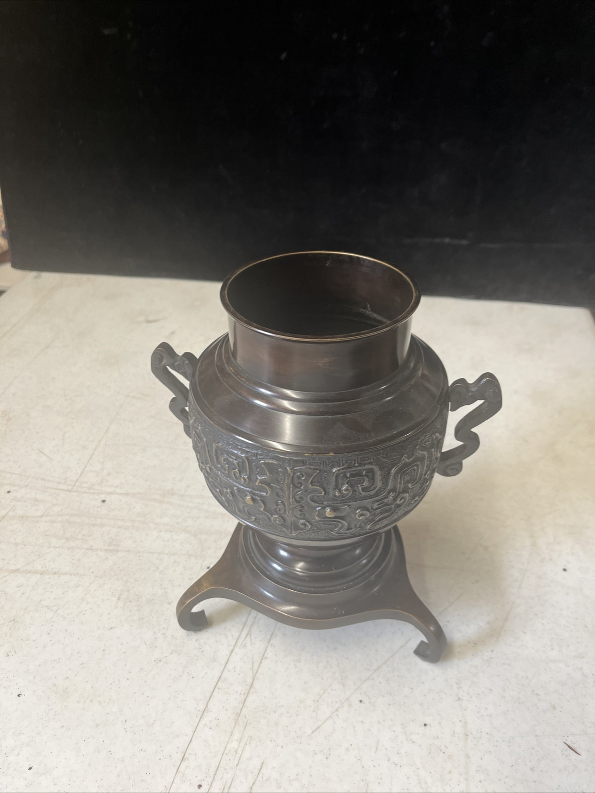 Japanese Bronze Lidded Ikebana Usubata Thin Flower Vase Incense Burner