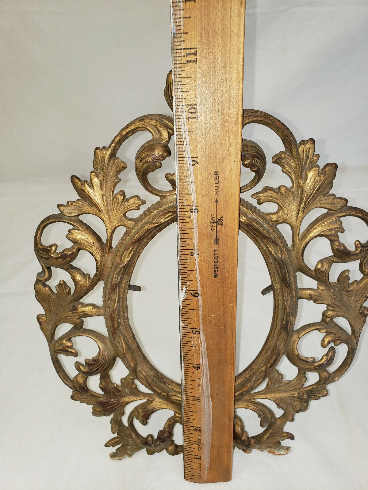 Antique Oval Gilt Cast Iron Tabletop Picture Frame  H 11" x W 8.5"  w Leg Rococo