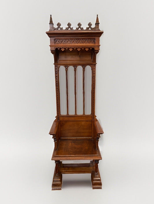 ANTIQUE FRENCH WALNUT NEO GOTHIC REVIVAL CARVED CATHOLIC BISHOPS THRONE CHAIR