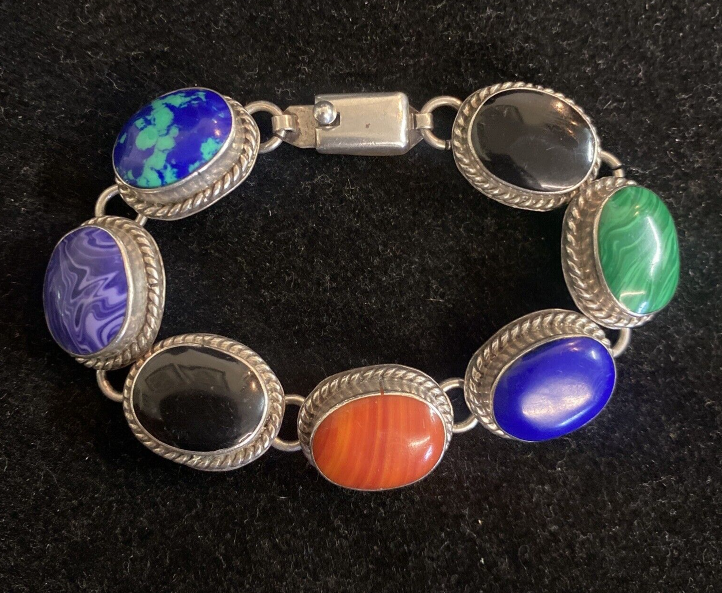 Mexican Sterling 7 Oval Links Gemstone Bracelet 7.5"  turqouise, coral 44.8g