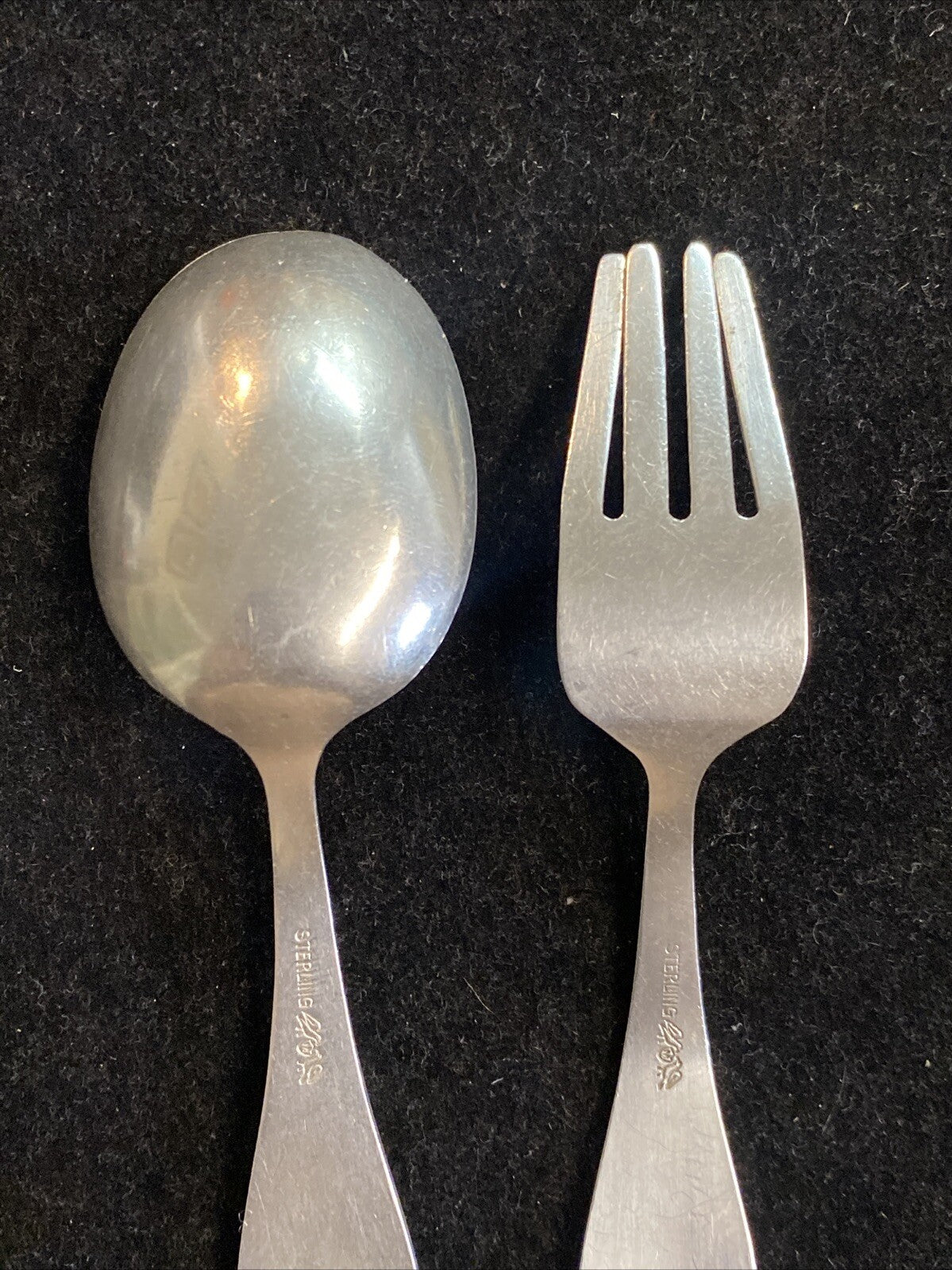 Pair of Baker Manchester Mfg. Co. 4 1/4" USA Baby Spoon & Fork 28.9g