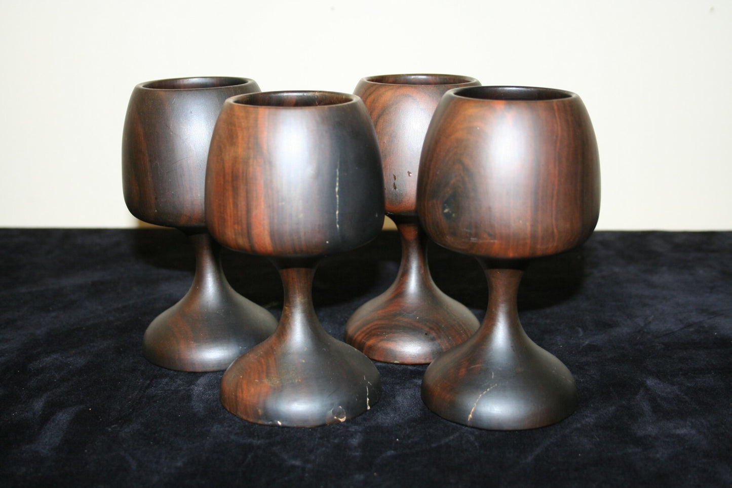 Vintage Handmade Carved Wood Goblets Chalice Shaped Lot of 4 Excellent H 6"