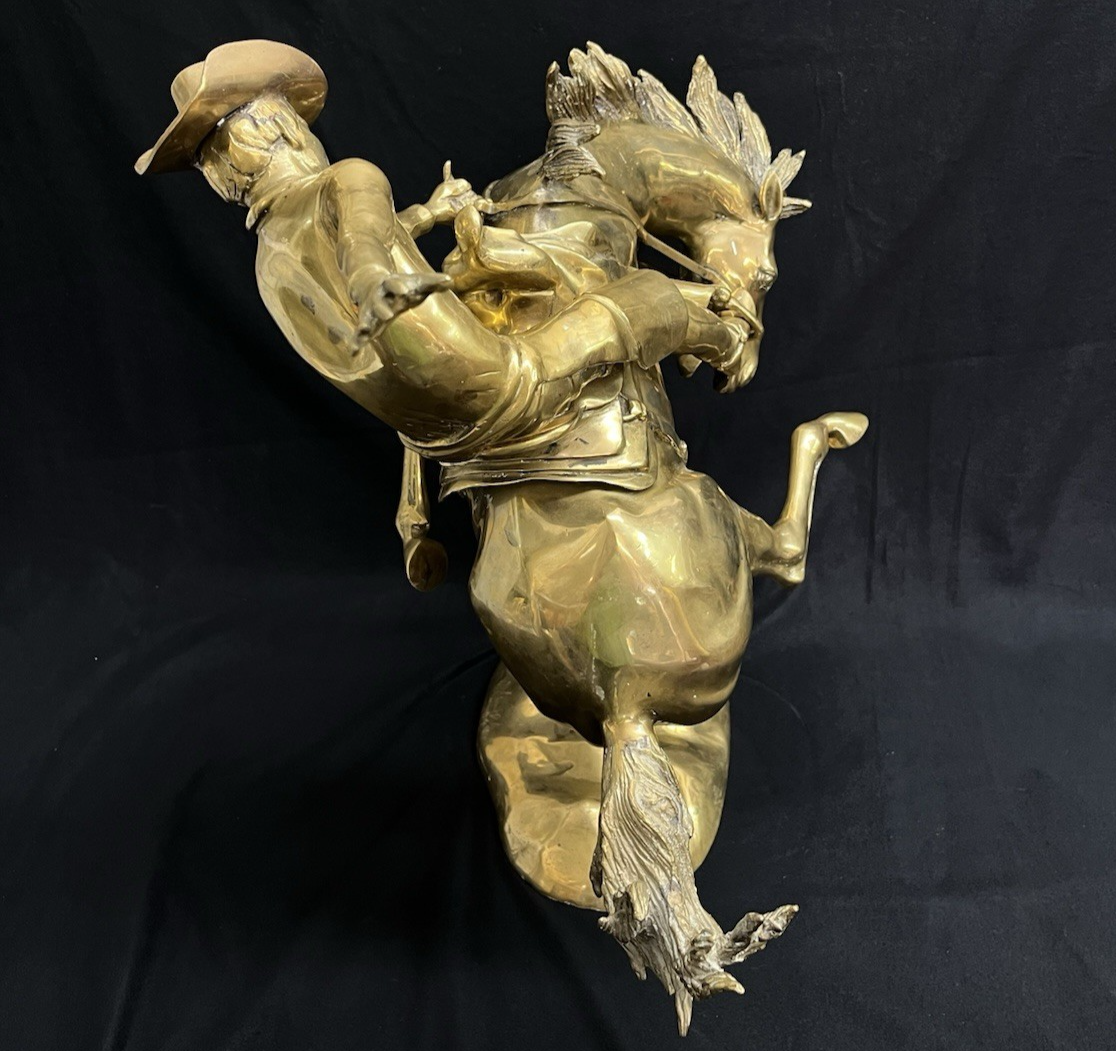 Polished Brass Wild Bucking Bronco w/ Removable Cowboy Rider Sculpture 21"