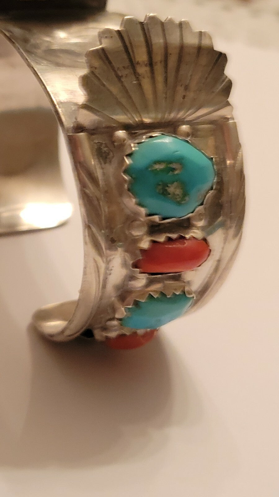 Sterling Silver Turquoise & Coral Watch Cuff by Zuni Artist Marvelyne Cheama 56g