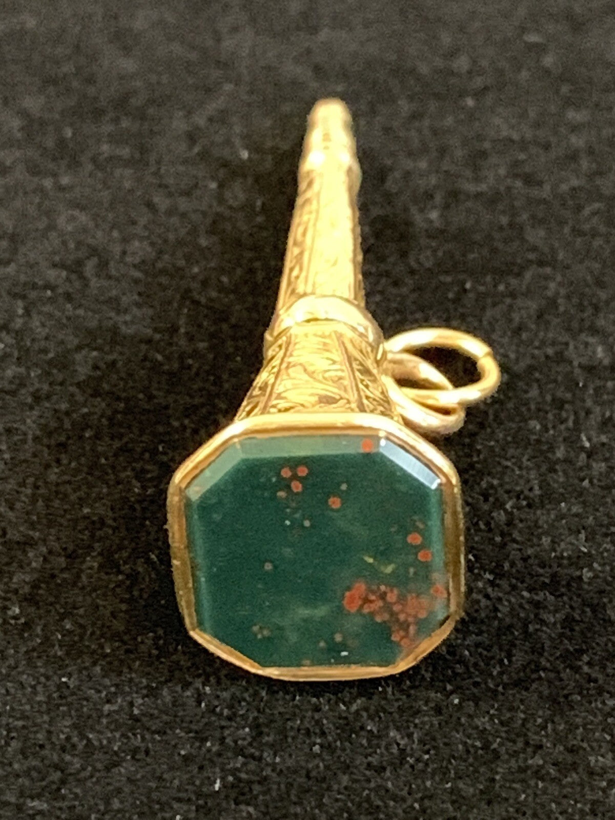 Antique Victorian Bloodstone Watch Key  Yellow Gold Beautiful Chasing Work