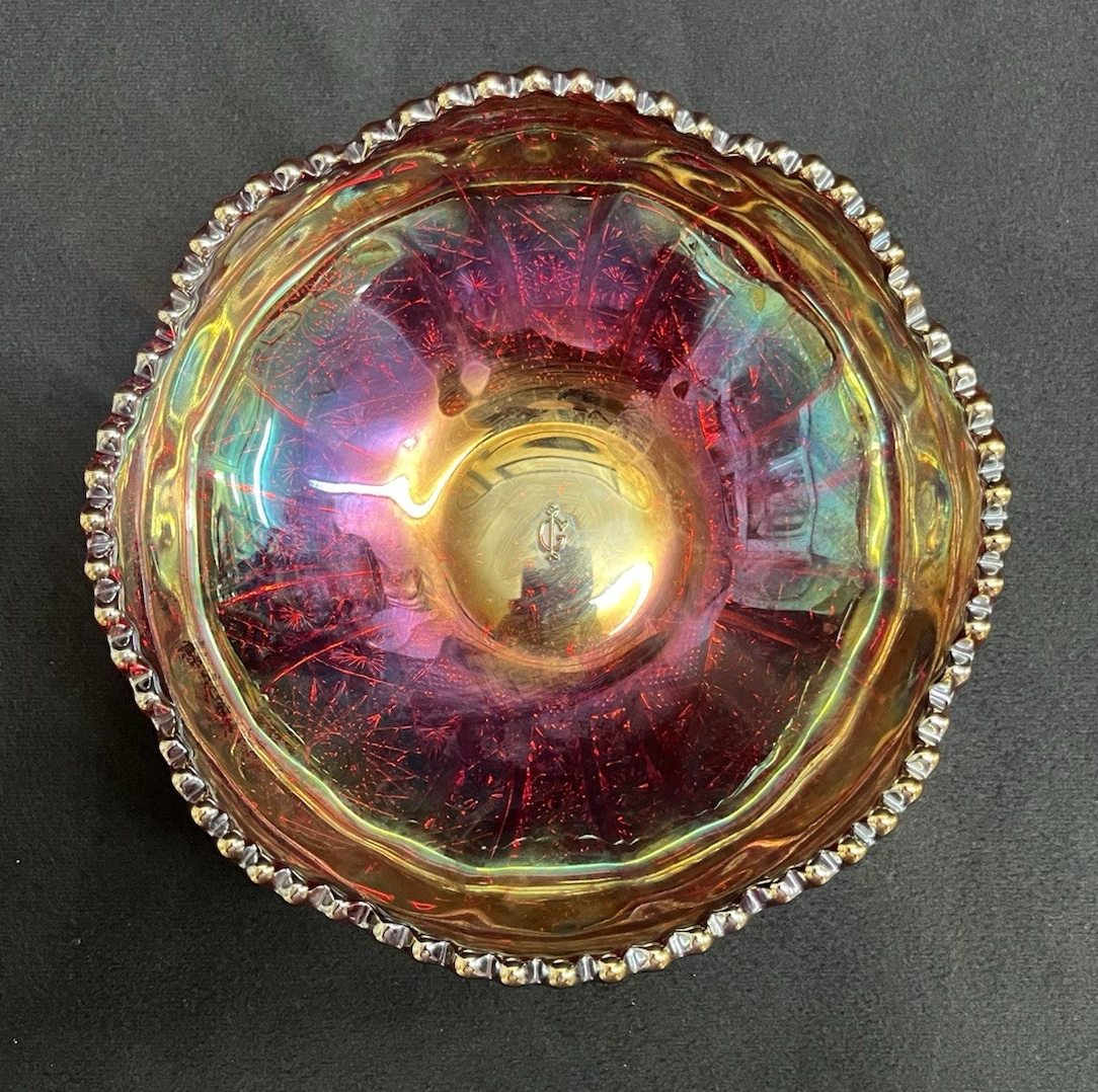 Imperial Glass OH Daisy & Button Rainbow Sunset Carnival Red Round Bowl 8"