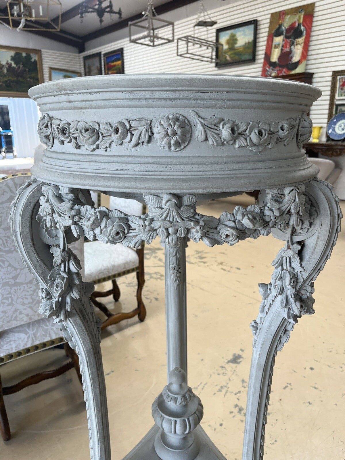PAIR OF FRENCH LOUIS XIV GRAY-PAINTED TRIPOD JARDINIERES PLANTERS 51.5"H x 25"D