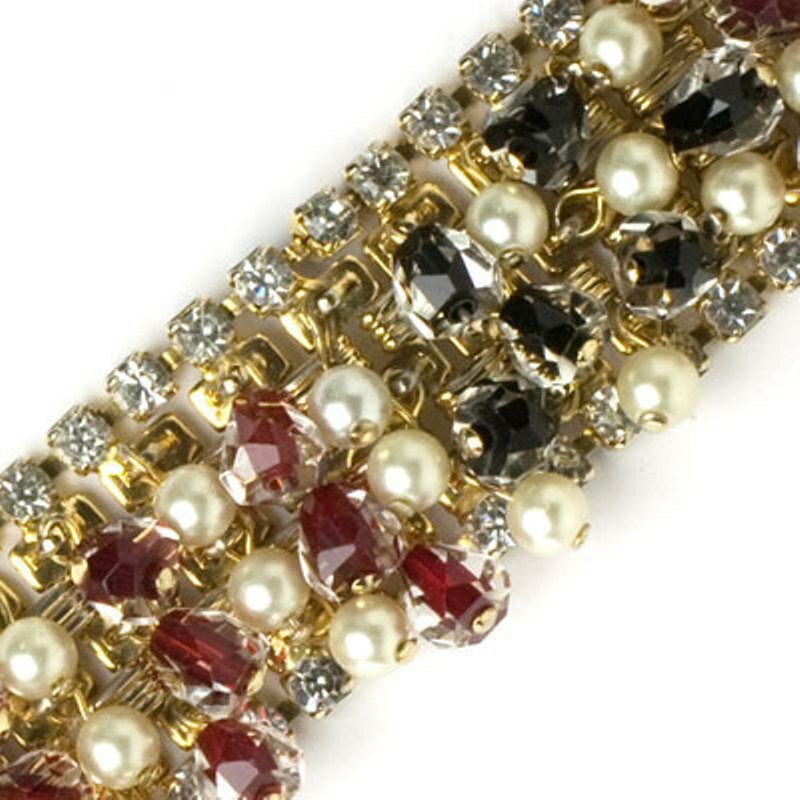 HOBE Ruby Onyx Pearl Diamanté & Gold Dangling Bracelet 1950's Hollywood Bling