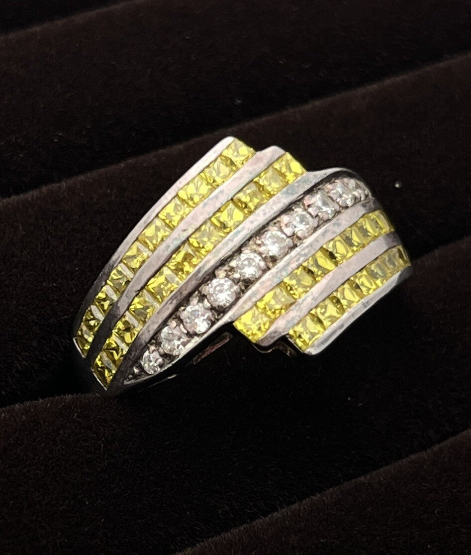 925 Sterling Cz & Yellow Citrine Gemstone Ring 5.3g sz 9.75