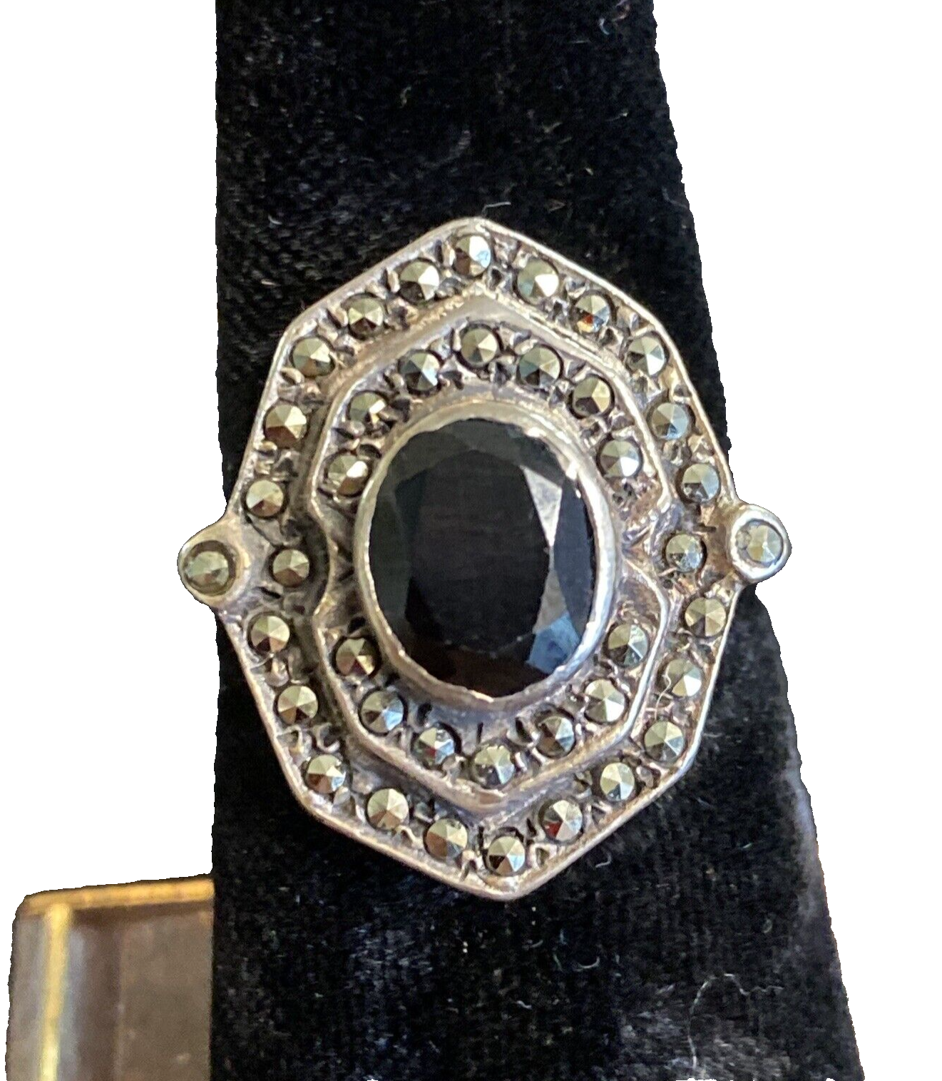 Sterling Silver 925 Faceted Black Onyx & Marcasite Stones Ring SZ 6.5 6.1g JM18