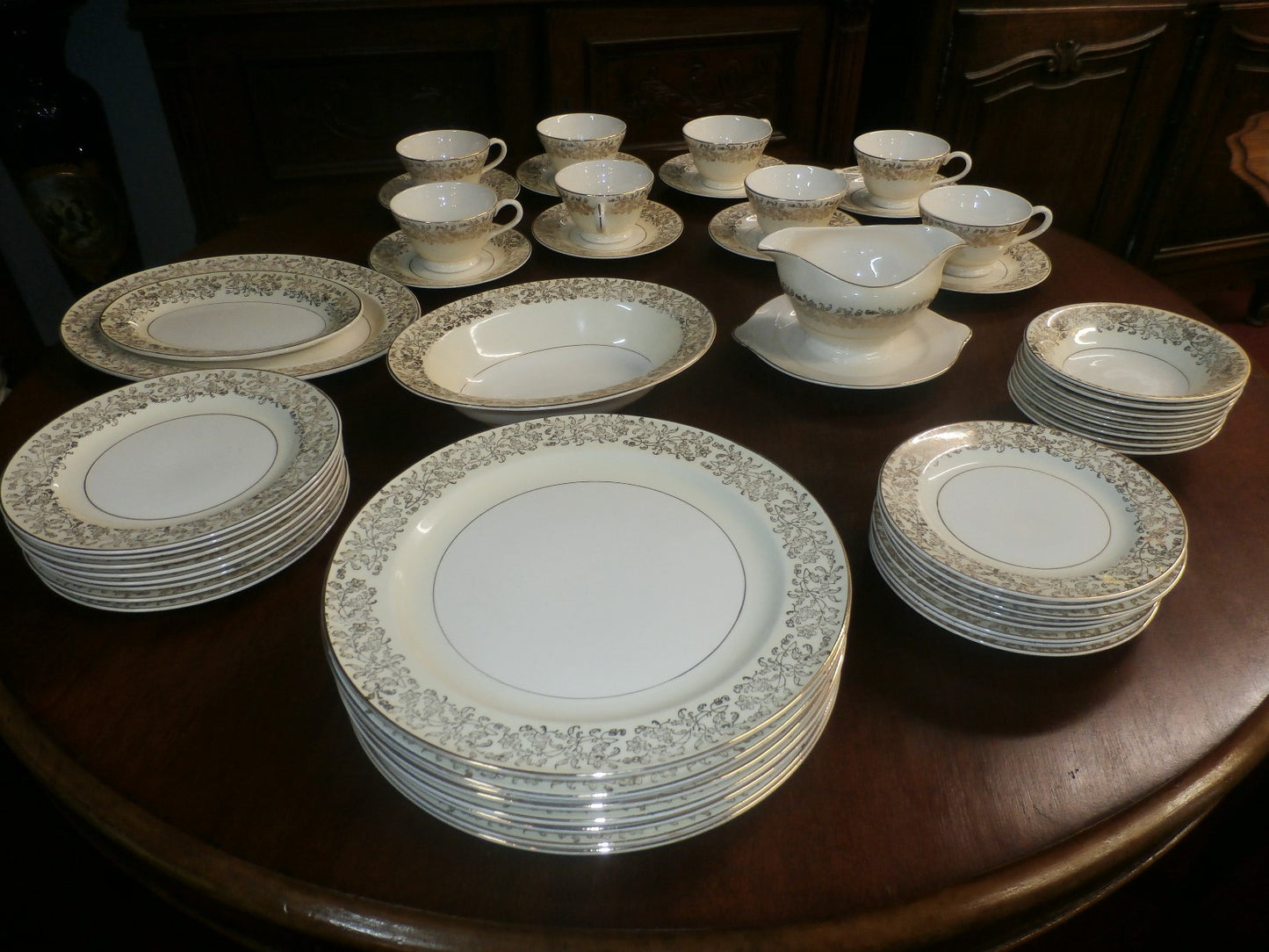 51 Pc. Edwin M Knowles Semi Vitreous Gold Floral China Set Service for 8 plus