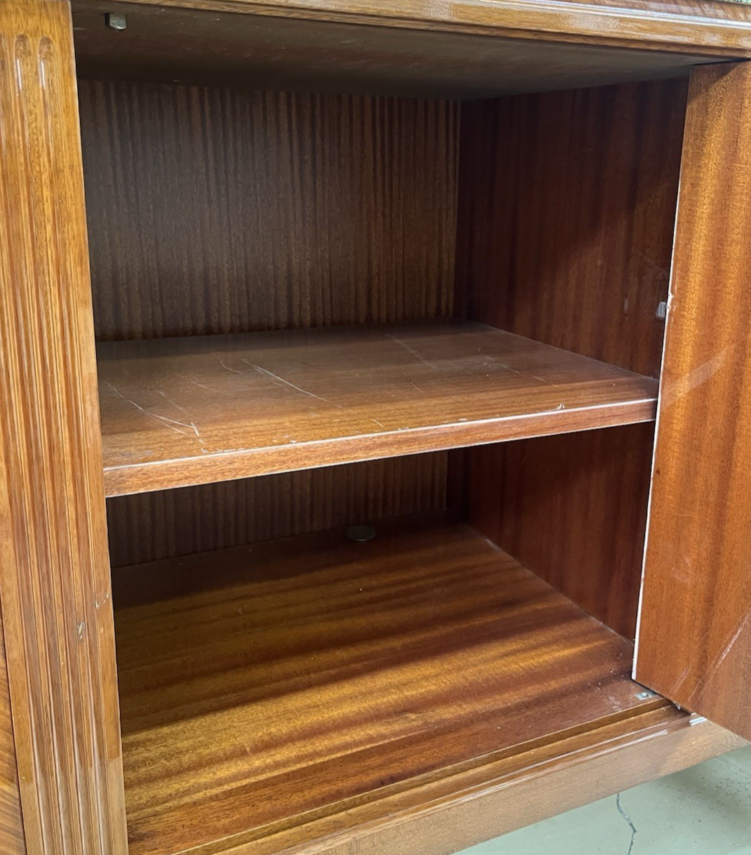 FRENCH LOUIS XVI MARBLE-TOP LACQUERED MARQUETRY DEMILUNE ENFILADE SIDEBOARD 105"