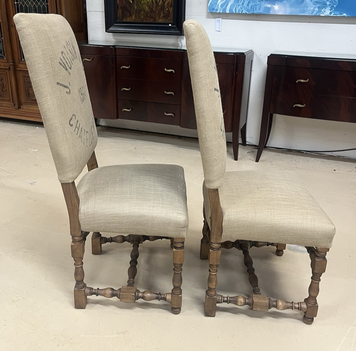 PAIR OF RESTORATION HARDWARE '1890 ENGLISH BAROQUE' BURLAP HIGHBACK CHAIRS