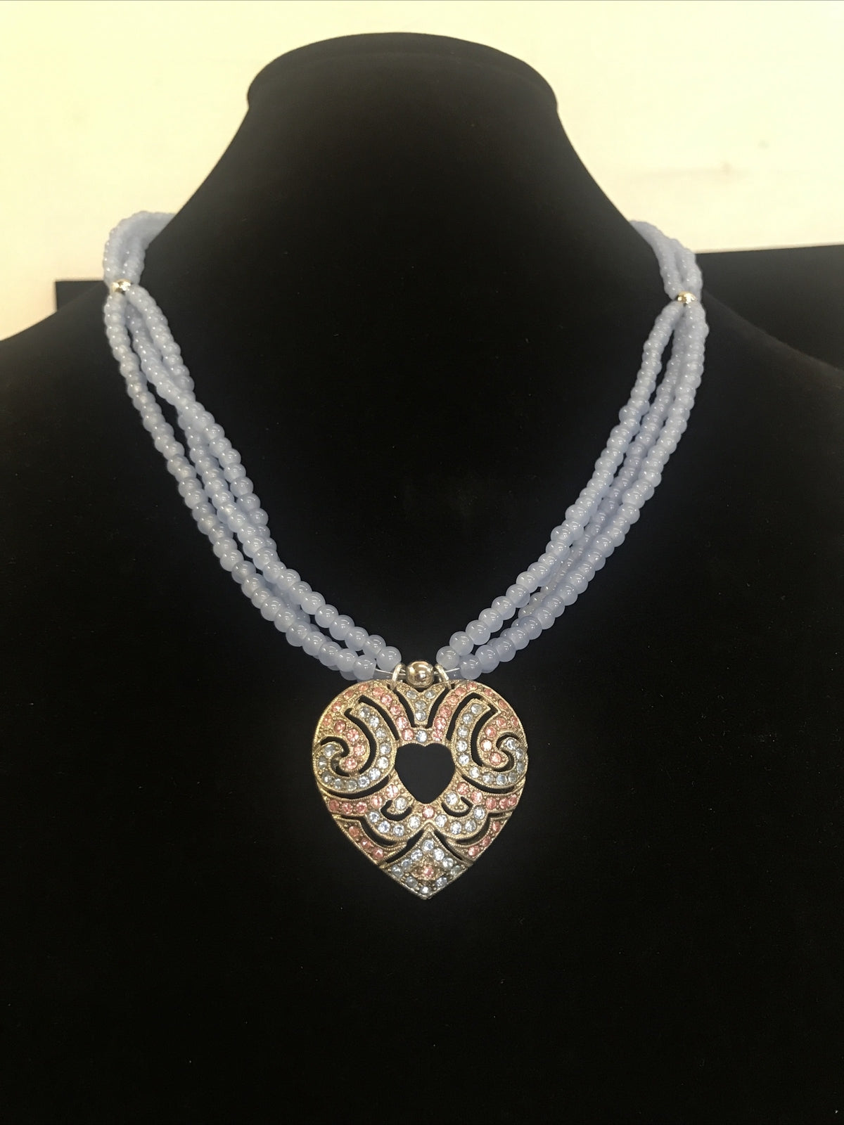 Vintage Blue Glass Bead Necklace with heart  blue & pink rhinestone pendant