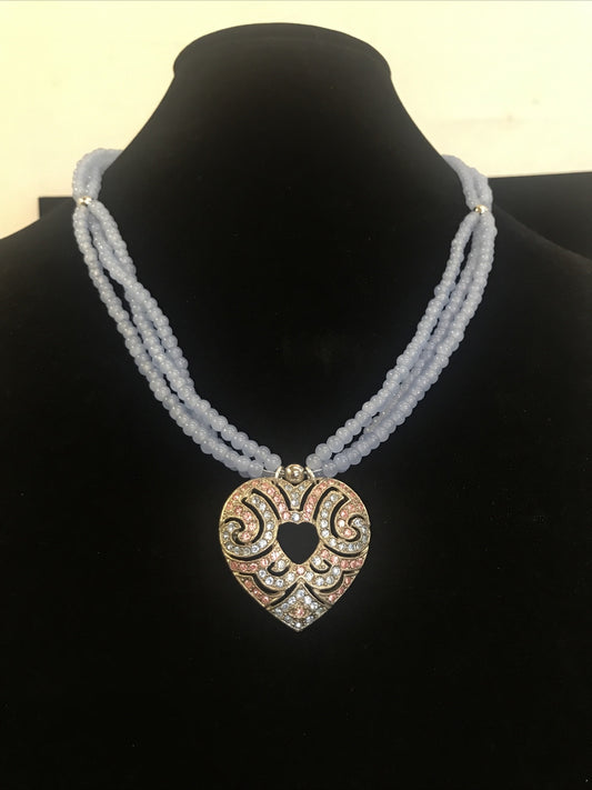 Vintage Blue Glass Bead Necklace with heart  blue & pink rhinestone pendant