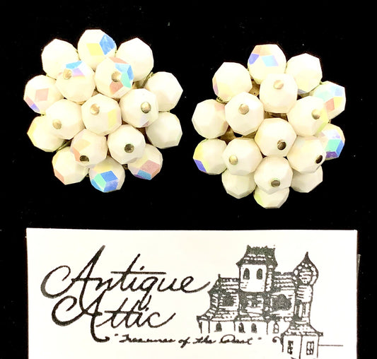 Vintage 1950s Laguna Milk Glass Crystal Clip Earrings Signed