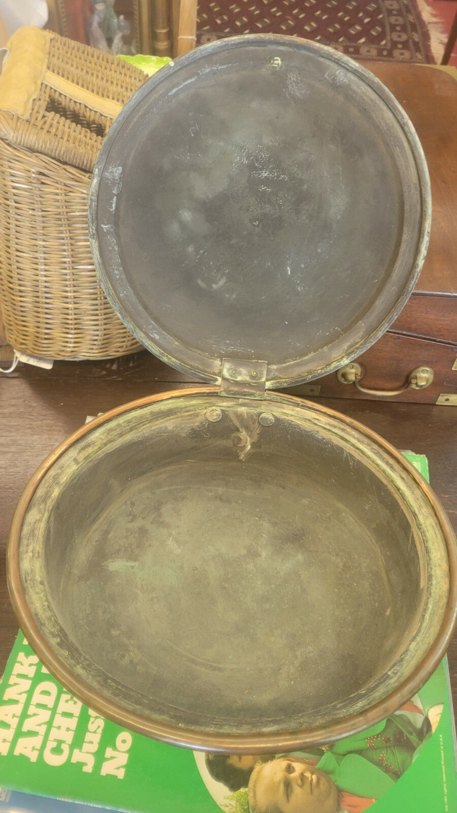 Antique French Copper Bed Warmer Handmade 200 years ago Etched Lid 41" Handle