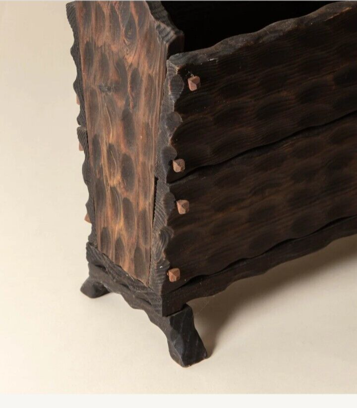 Spanish Brutalist Carved Wood Magazine Rack Vintage Farmhouse Lodge Rustic