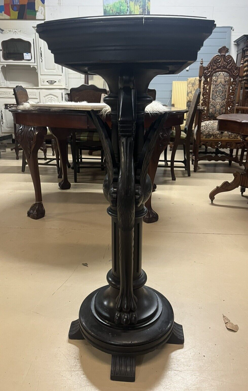 Antique Ebonized Black Wood Pedestal Plant Stand 2 Cranes FS16