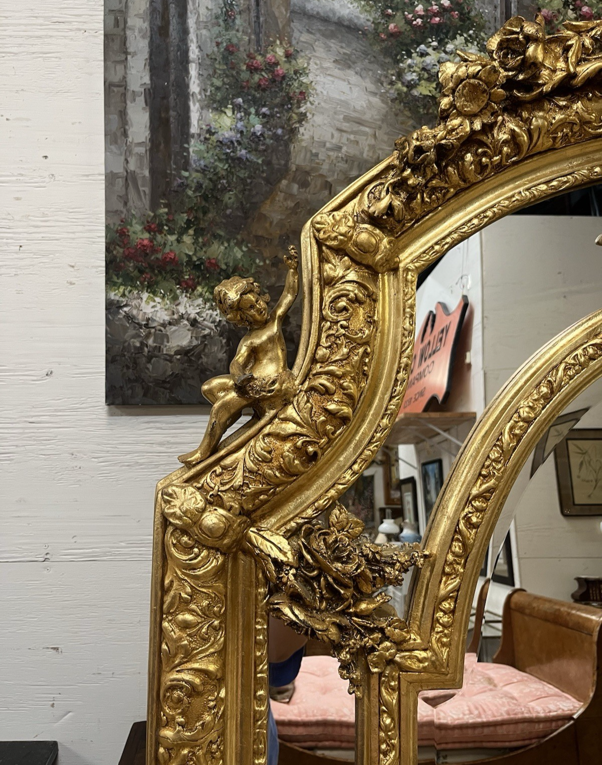 80.5" PAIR OF LARGE LOUIS XV GILT GOLD PARCLOSE CUSHION MIRRORS
