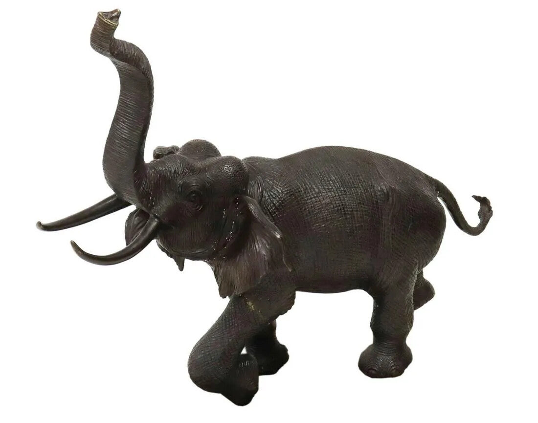Large 44" Long Bronze Elephant Statue Wildlife Sculpture Walking w/ Tusk Up