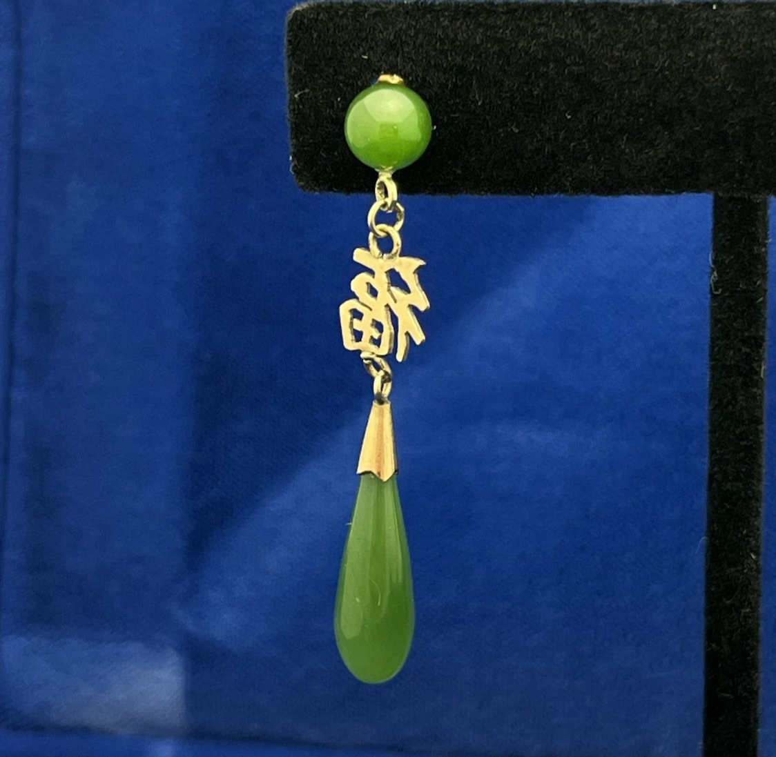 14k Yellow Gold Nephrite Jade “Good Fortune” Tear Drop Earrings 3.85g