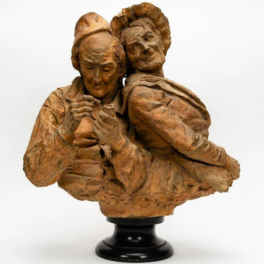 FRENCH TERRACOTTA SCULPTURE OLD HAPPY COUPLE W/ PIPE BUST FIGURES